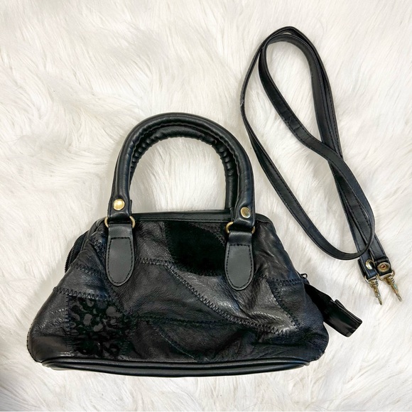 Vintage Black Leather Patchwork Animal Print Purse Crossbody Strap‎ Velvet Suede - Picture 1 of 9